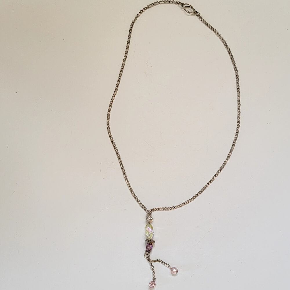 Vintage Silver Tone Necklace with Iridescent Glass Beads Purple Crystal Pendant